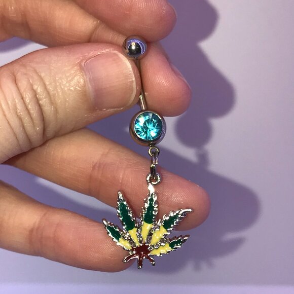 Aqua Blue Gem Dark Rasta Pot Leaf Dangle Belly Ring - Picture 1 of 8